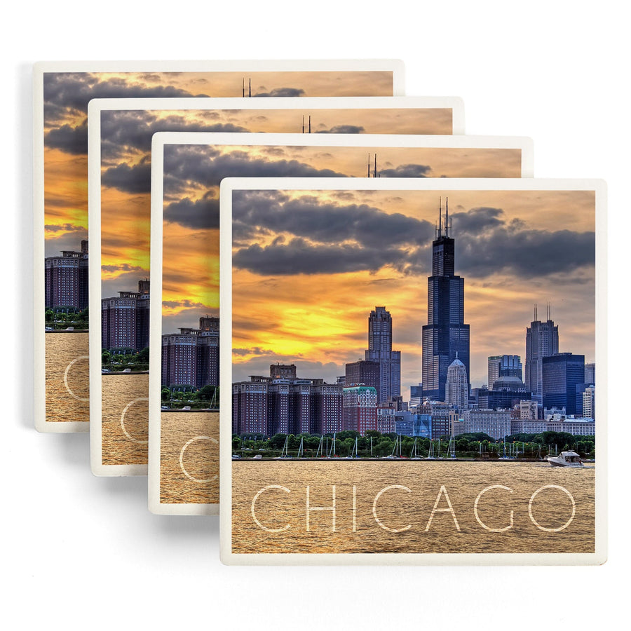 Chicago, Illinois, Moody Skyline, Lantern Press Photography, Coaster Set - Lantern Press