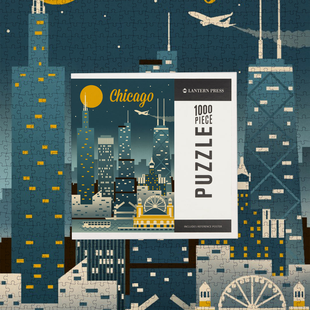 Chicago, Illinois, Retro Skyline Classic, Jigsaw Puzzle Puzzle Lantern Press 