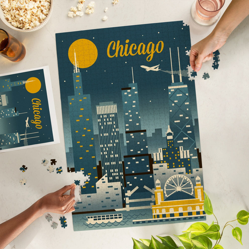 Chicago, Illinois, Retro Skyline Classic, Jigsaw Puzzle Puzzle Lantern Press 
