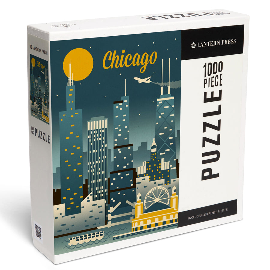Chicago, Illinois, Retro Skyline Classic, Jigsaw Puzzle Puzzle Lantern Press 