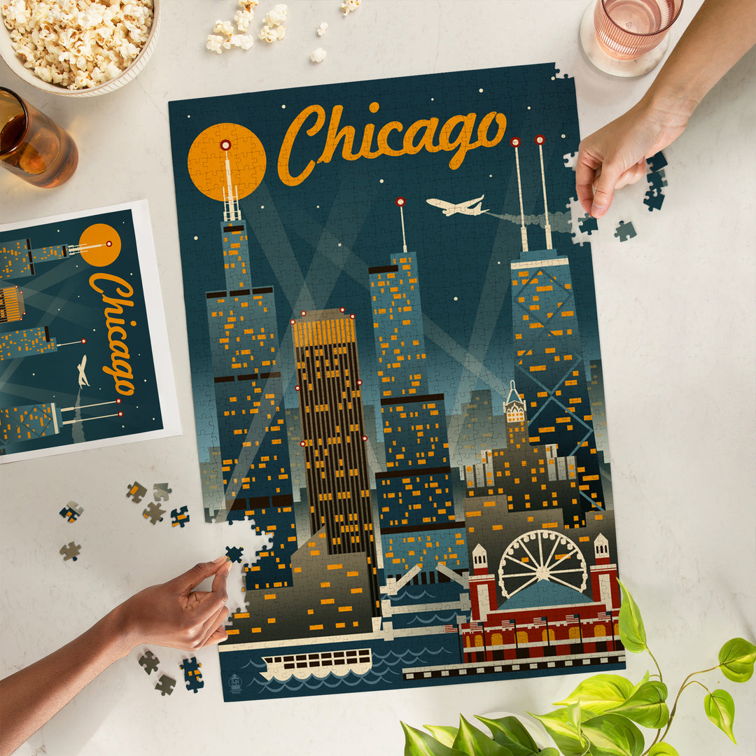 Chicago, Illinois, Retro Skyline, Jigsaw Puzzle Puzzle Lantern Press 