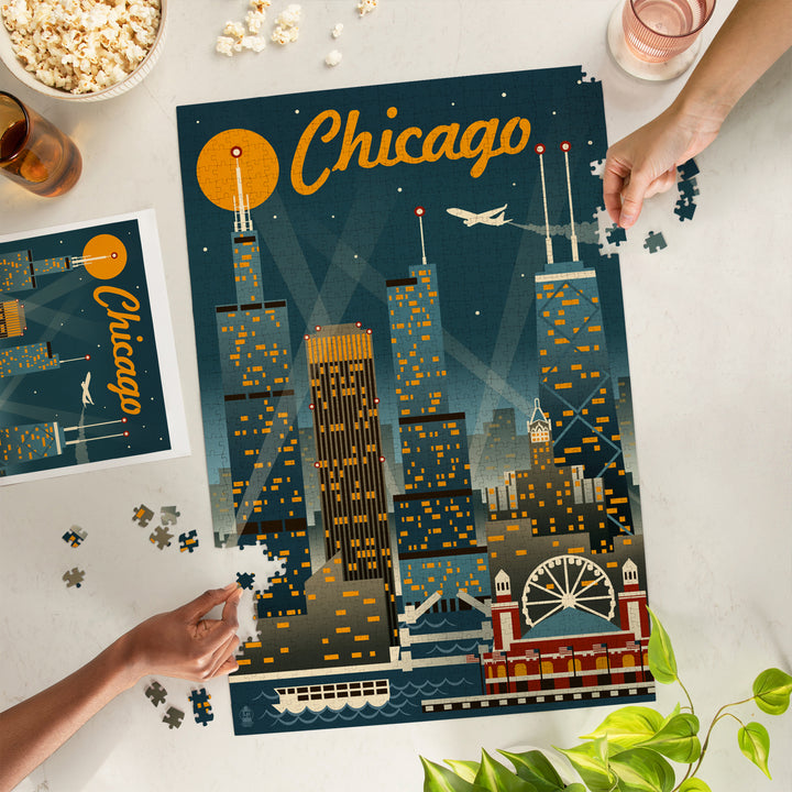 Chicago, Illinois, Retro Skyline, Jigsaw Puzzle Puzzle Lantern Press 