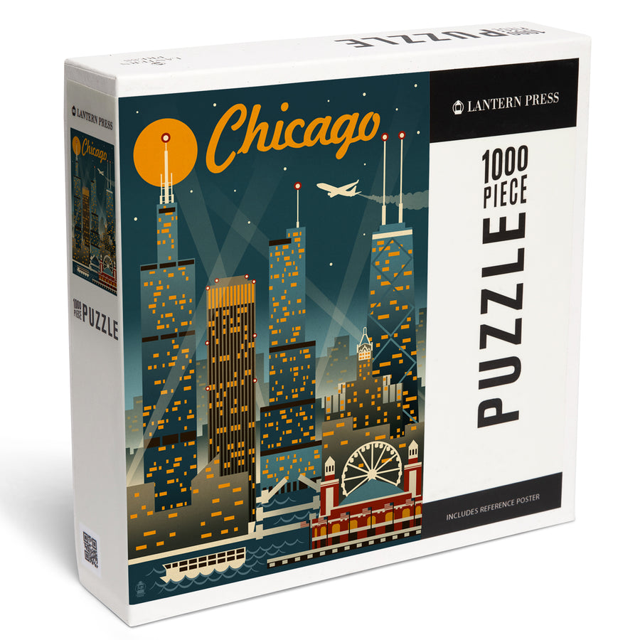 Chicago, Illinois, Retro Skyline, Jigsaw Puzzle Puzzle Lantern Press 