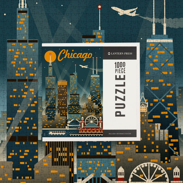 Chicago, Illinois, Retro Skyline, Jigsaw Puzzle Puzzle Lantern Press 