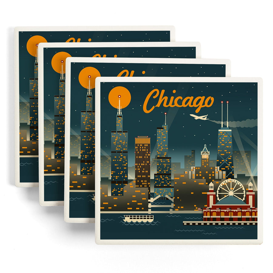 Chicago, Illinois, Retro Skyline, Lantern Press Artwork, Coaster Set - Lantern Press