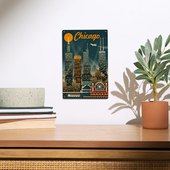 Chicago, Illinois, Retro Skyline, Lantern Press Artwork, Wood Signs and Postcards Wood Lantern Press 