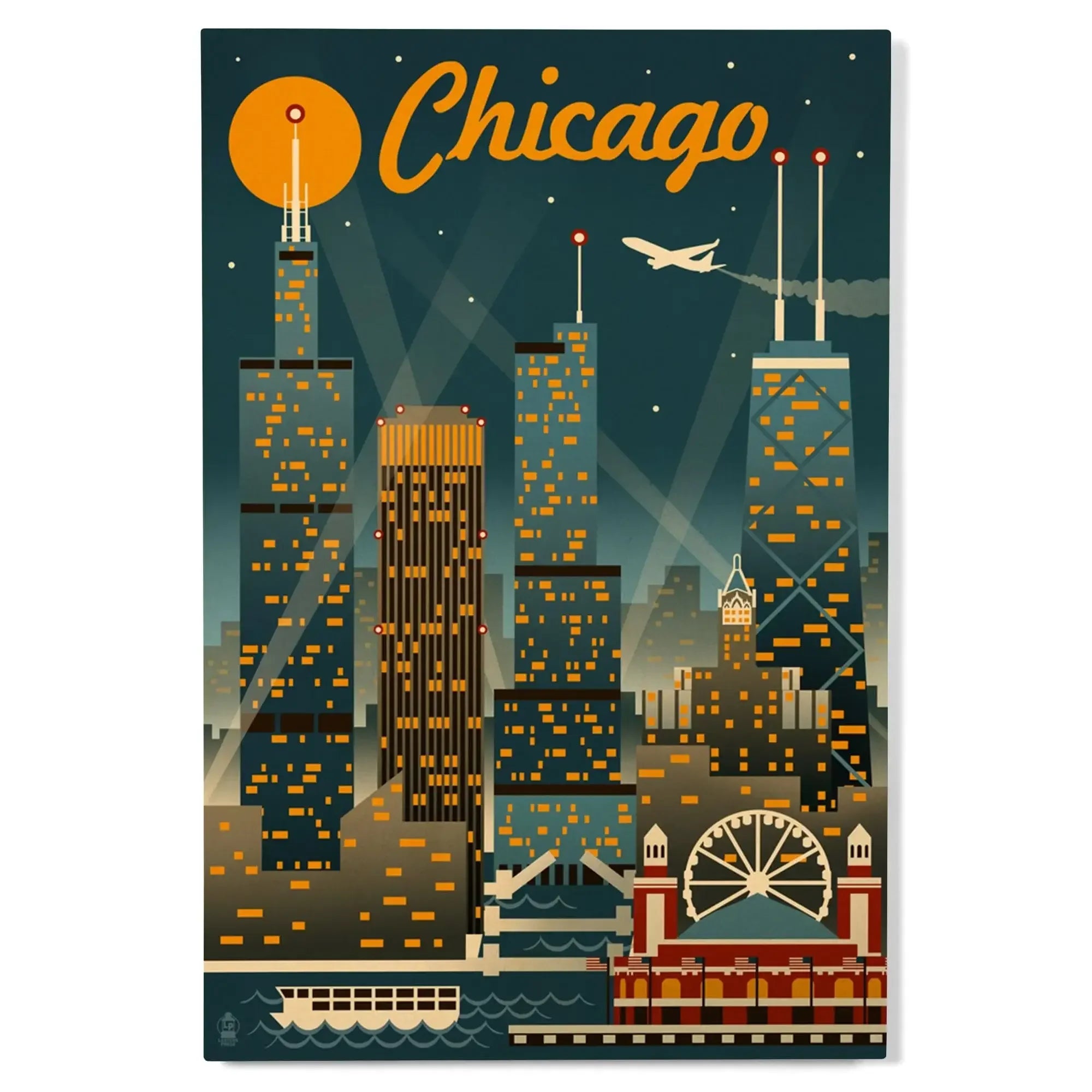 Chicago, Illinois, Retro Skyline, Lantern Press Artwork, Wood Signs an