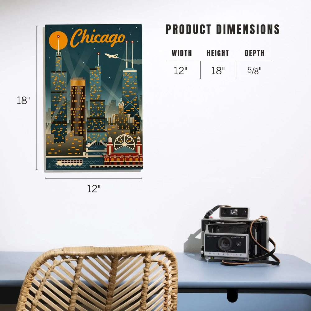 Chicago, Illinois, Retro Skyline, Lantern Press Artwork, Wood Signs and Postcards - Lantern Press