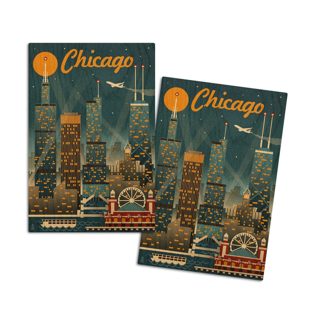 Chicago, Illinois, Retro Skyline, Lantern Press Artwork, Wood Signs and Postcards Wood Lantern Press 4x6 Wood Postcard Set 