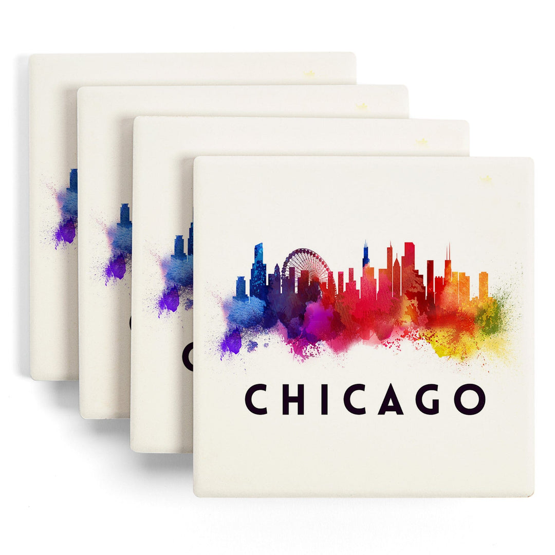 Chicago, Illinois, Skyline Abstract, White, Lantern Press Artwork, Coaster Set - Lantern Press