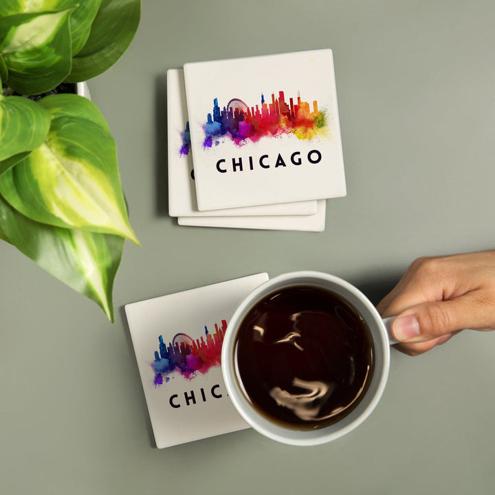 Chicago, Illinois, Skyline Abstract, White, Lantern Press Artwork, Coaster Set - Lantern Press