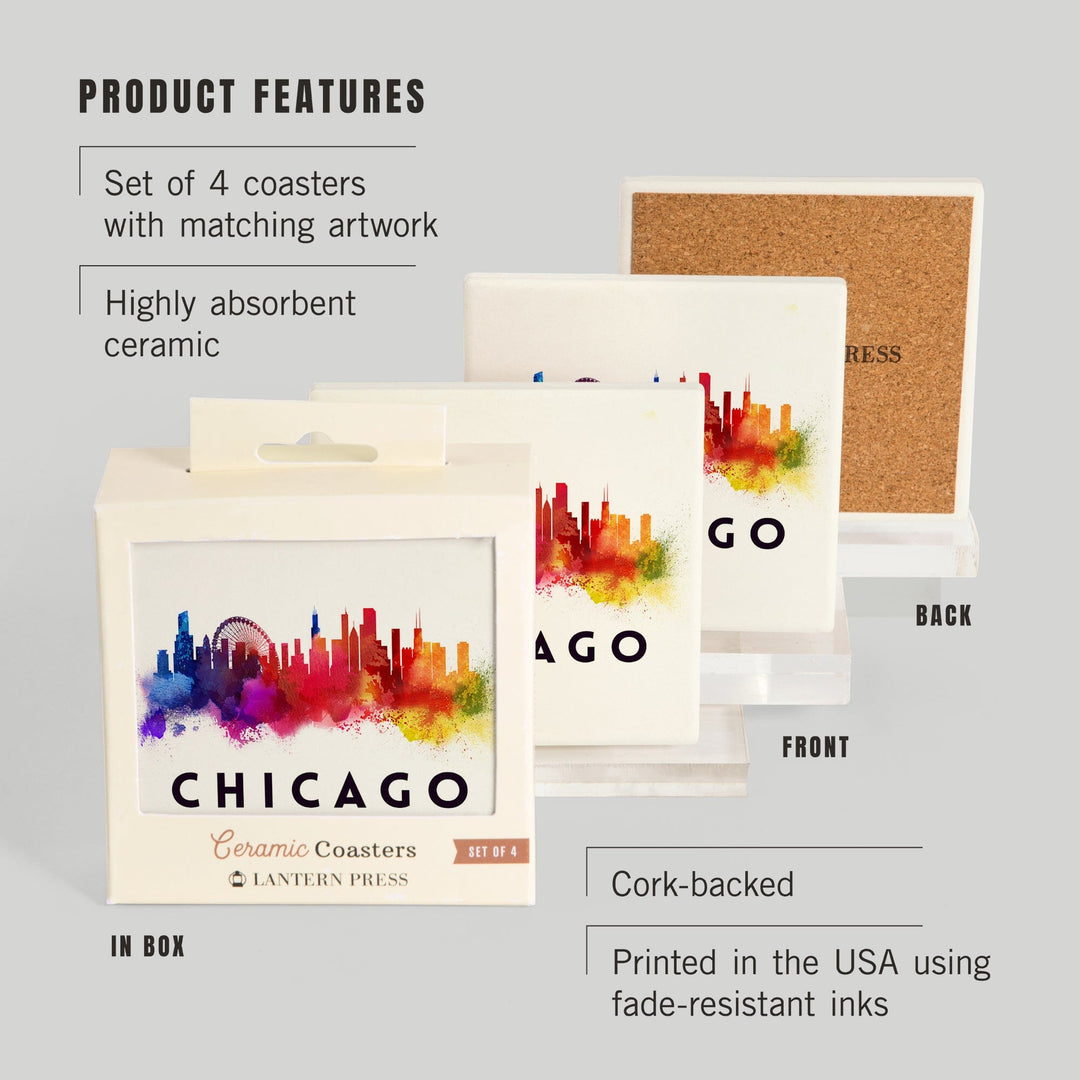 Chicago, Illinois, Skyline Abstract, White, Lantern Press Artwork, Coaster Set - Lantern Press