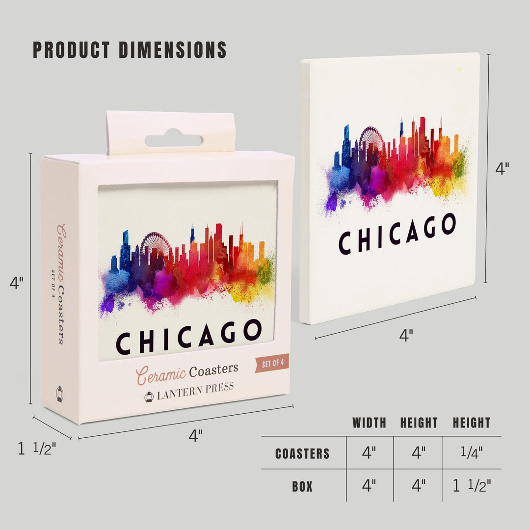 Chicago, Illinois, Skyline Abstract, White, Lantern Press Artwork, Coaster Set - Lantern Press