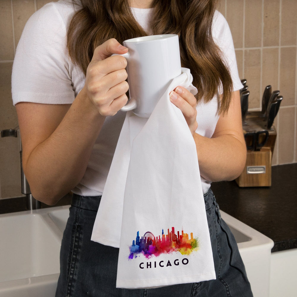 Chicago, Illinois, Skyline Abstract, White, Organic Cotton Kitchen Tea Towels Kitchen Lantern Press 