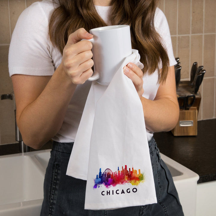 Chicago, Illinois, Skyline Abstract, White, Organic Cotton Kitchen Tea Towels Kitchen Lantern Press 
