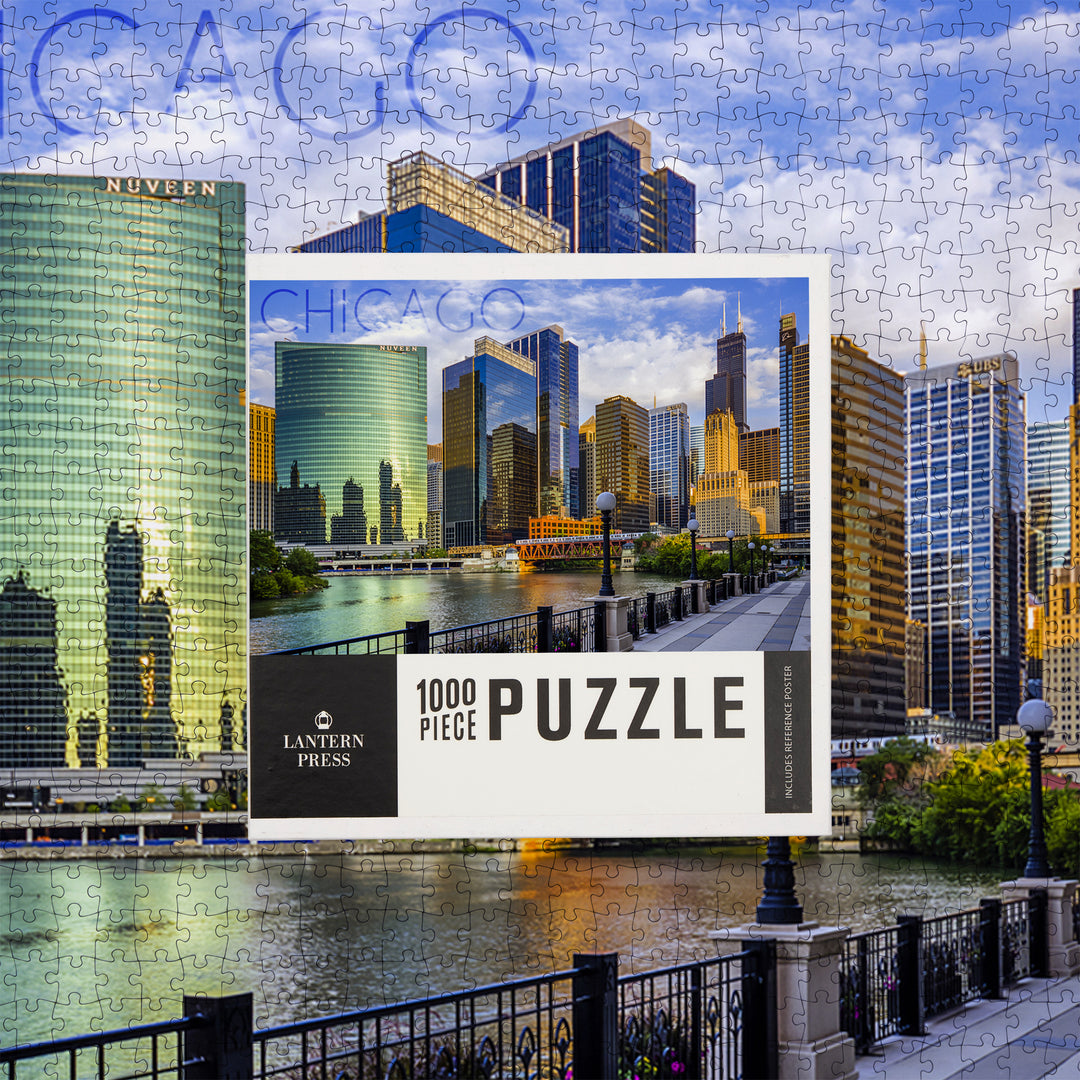 Chicago, Illinois, Skyline and River, Jigsaw Puzzle Puzzle Lantern Press 