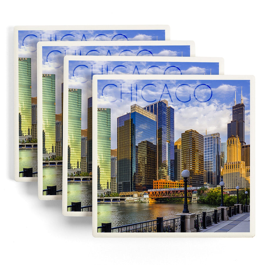 Chicago, Illinois, Skyline and River, Lantern Press Photography, Coaster Set - Lantern Press