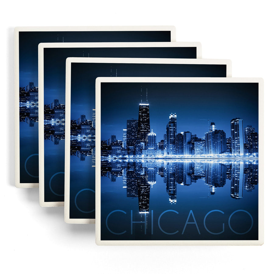 Chicago, Illinois, Skyline at Night in Blue, Lantern Press Photography, Coaster Set - Lantern Press