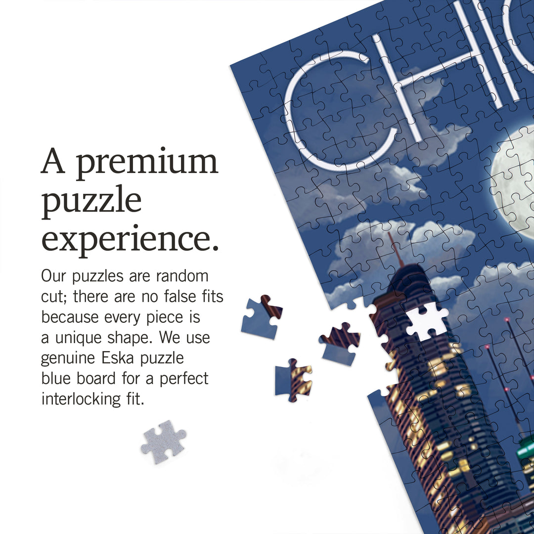 Chicago, Illinois, Skyline at Night, Jigsaw Puzzle Puzzle Lantern Press 