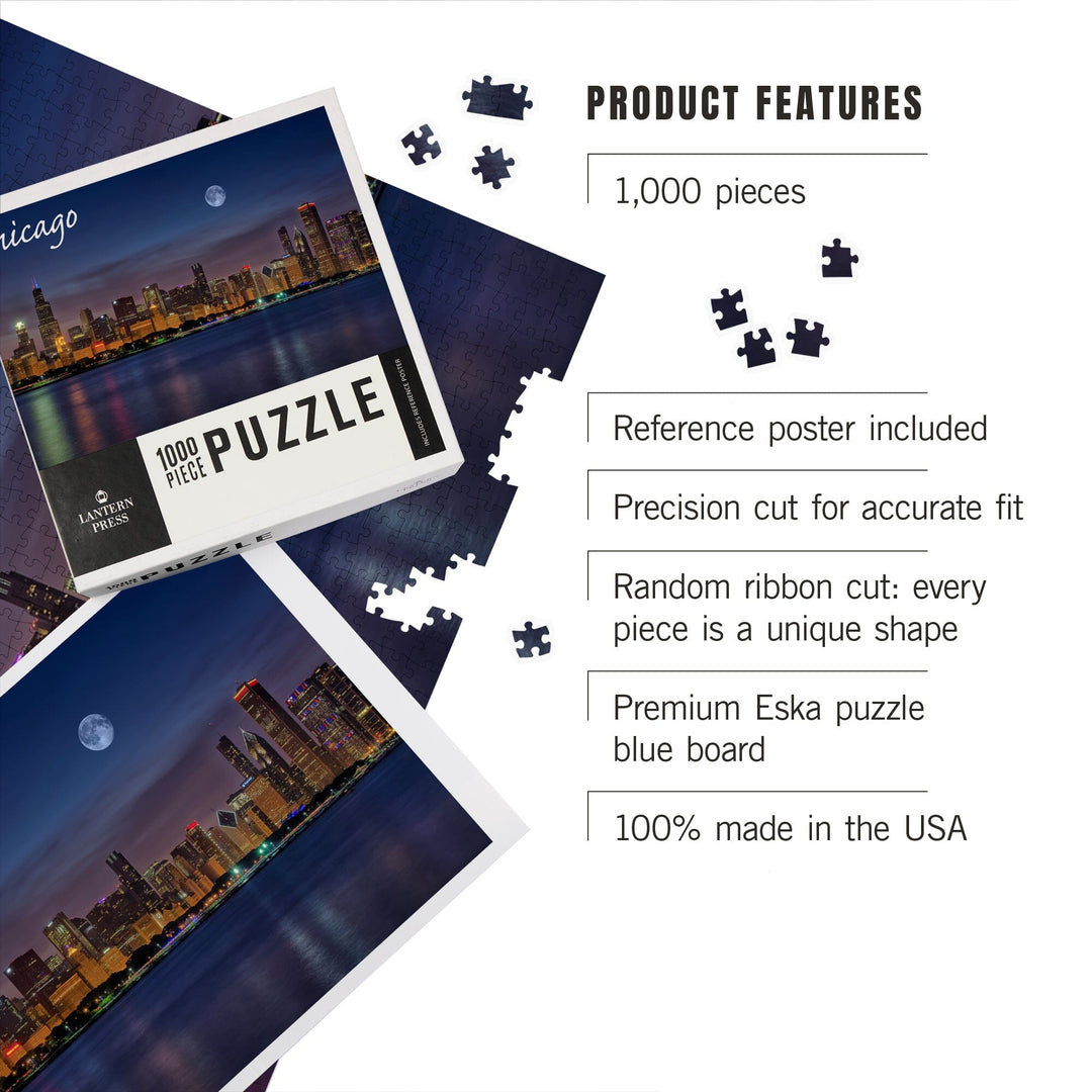 Chicago, Illinois, Skyline at Night, Jigsaw Puzzle Puzzle Lantern Press 