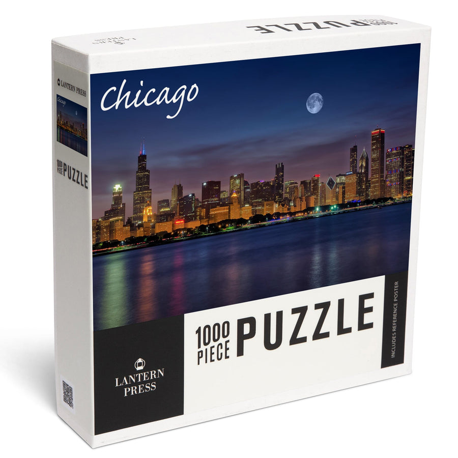 Chicago, Illinois, Skyline at Night, Jigsaw Puzzle Puzzle Lantern Press 