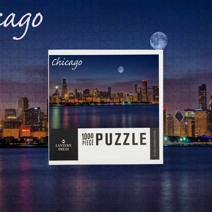 Chicago, Illinois, Skyline at Night, Jigsaw Puzzle Puzzle Lantern Press 