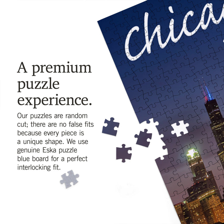 Chicago, Illinois, Skyline at Night, Jigsaw Puzzle Puzzle Lantern Press 