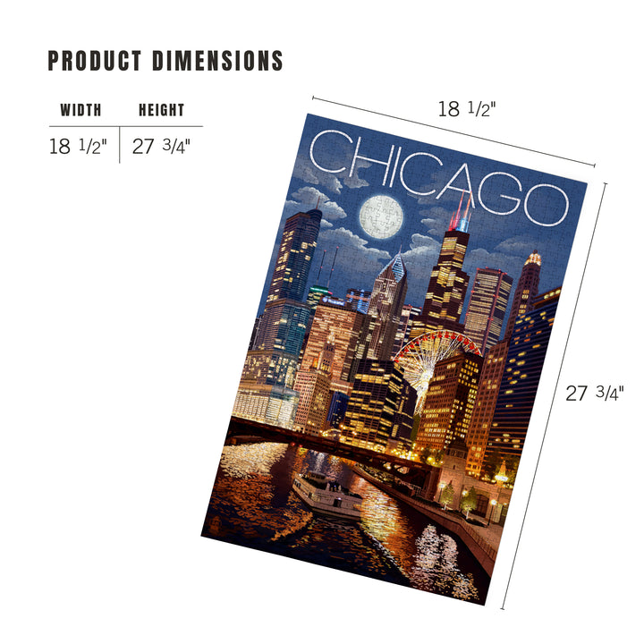 Chicago, Illinois, Skyline at Night, Jigsaw Puzzle Puzzle Lantern Press 