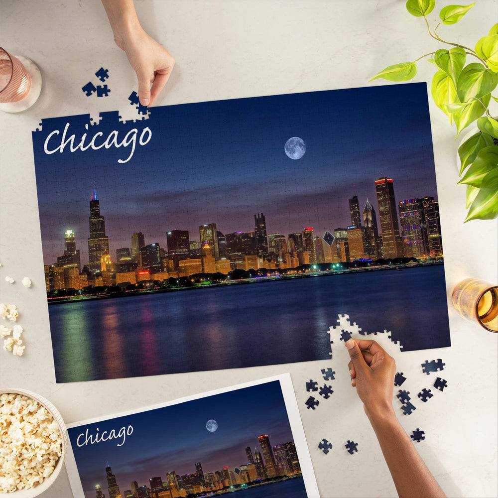 Chicago, Illinois, Skyline at Night, Jigsaw Puzzle Puzzle Lantern Press 