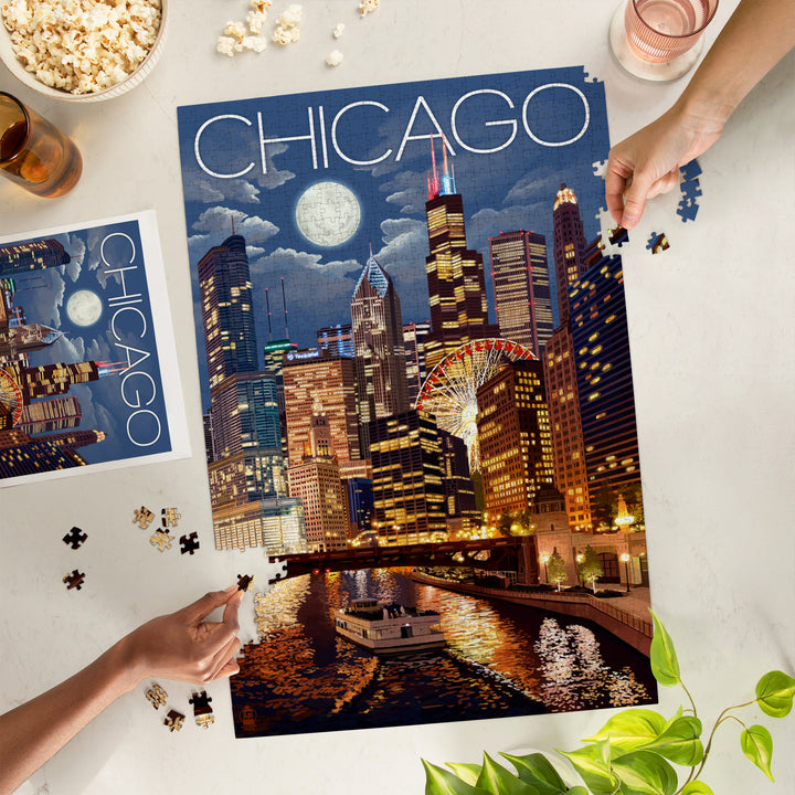 Chicago, Illinois, Skyline at Night, Jigsaw Puzzle Puzzle Lantern Press 