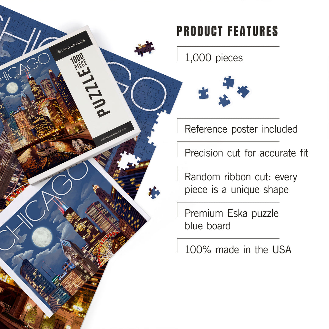 Chicago, Illinois, Skyline at Night, Jigsaw Puzzle Puzzle Lantern Press 