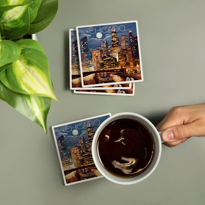 Chicago, Illinois, Skyline at Night, Lantern Press Artwork, Coaster Set - Lantern Press