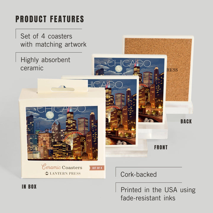 Chicago, Illinois, Skyline at Night, Lantern Press Artwork, Coaster Set - Lantern Press