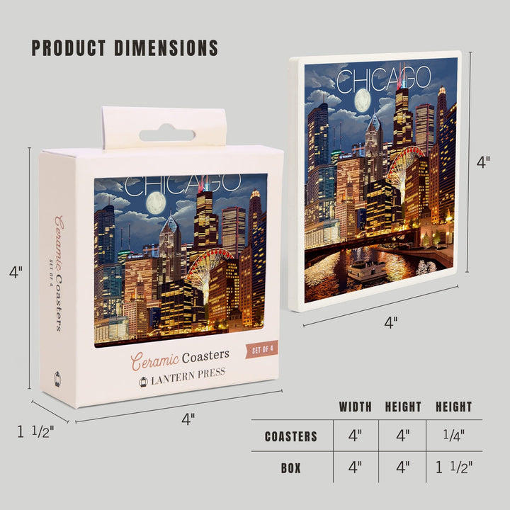 Chicago, Illinois, Skyline at Night, Lantern Press Artwork, Coaster Set - Lantern Press