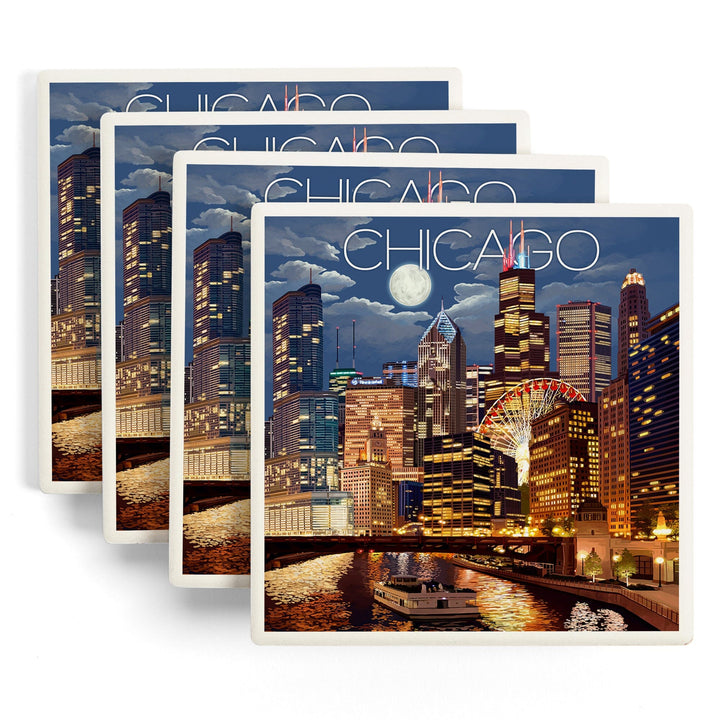 Chicago, Illinois, Skyline at Night, Lantern Press Artwork, Coaster Set - Lantern Press