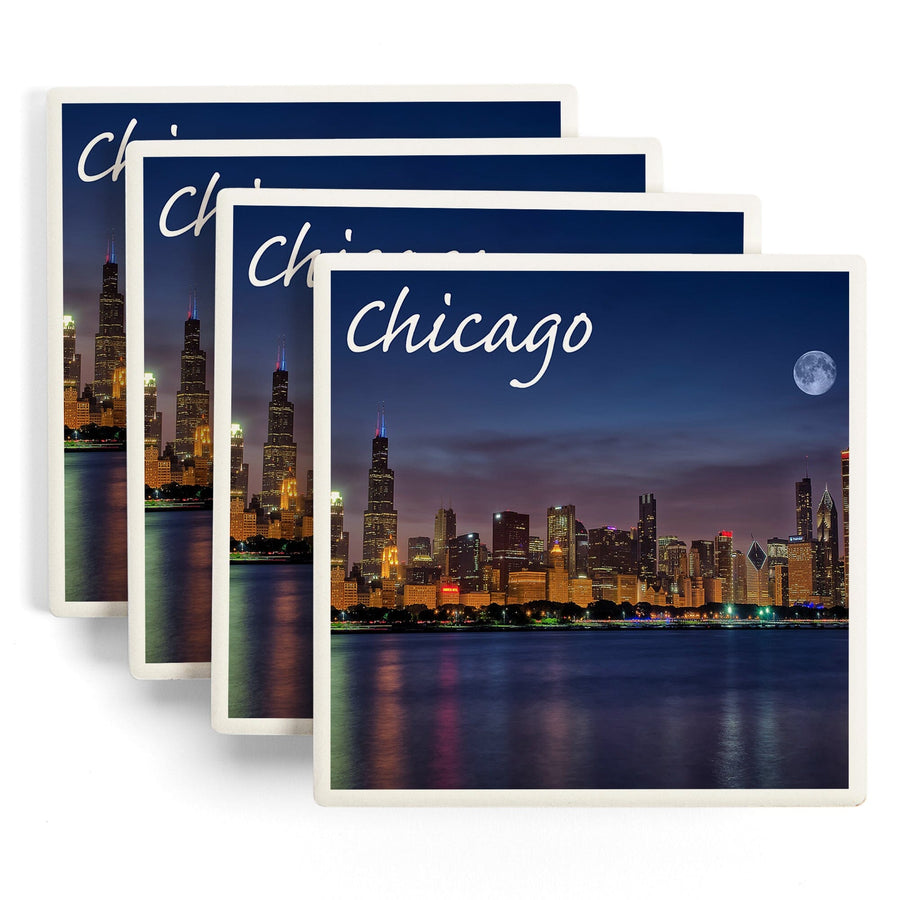 Chicago, Illinois, Skyline at Night, Lantern Press Photography, Coaster Set - Lantern Press