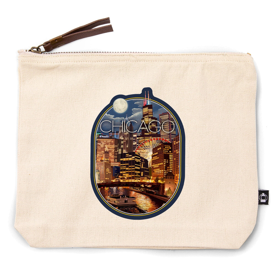 Chicago, Illinois, Skyline at Night,, Organic Cotton Zipper Pouch, Go Bag Go Bag Lantern Press 