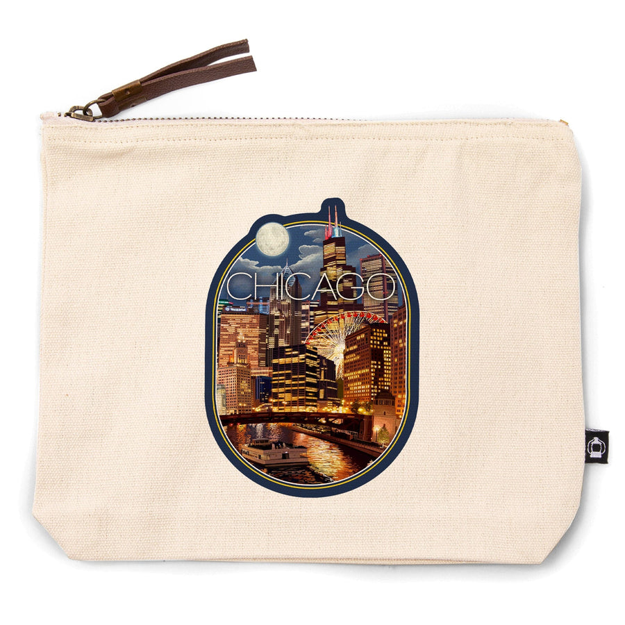 Chicago, Illinois, Skyline at Night,, Organic Cotton Zipper Pouch, Go Bag Go Bag Lantern Press 