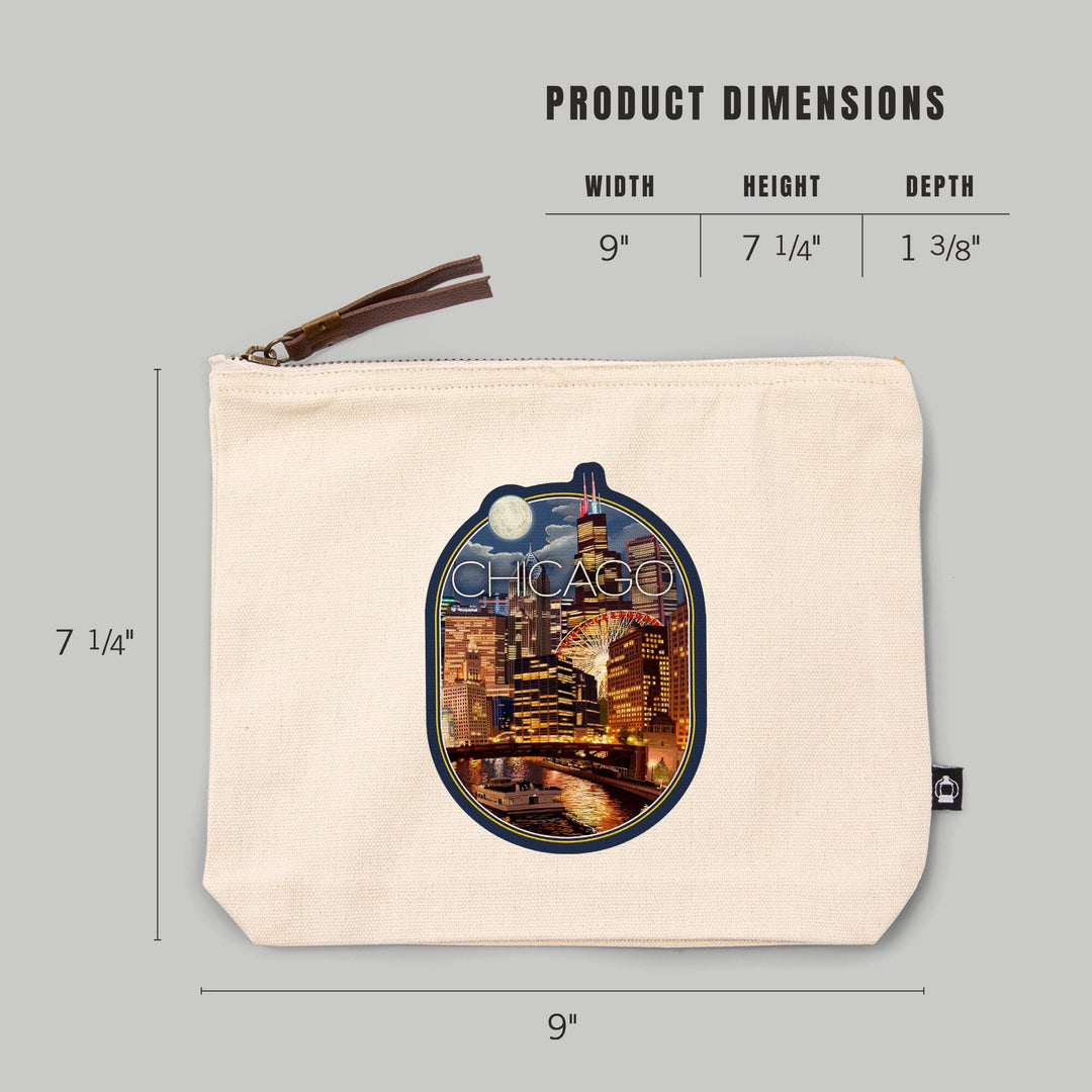 Chicago, Illinois, Skyline at Night,, Organic Cotton Zipper Pouch, Go Bag Go Bag Lantern Press 