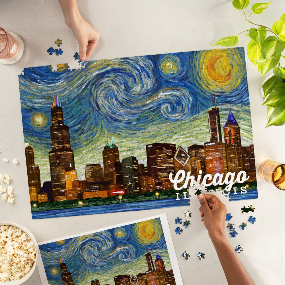 Chicago, Illinois, Starry Night, Jigsaw Puzzle Puzzle Lantern Press 