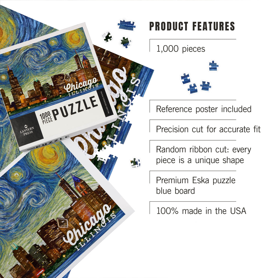 Chicago, Illinois, Starry Night, Jigsaw Puzzle Puzzle Lantern Press 