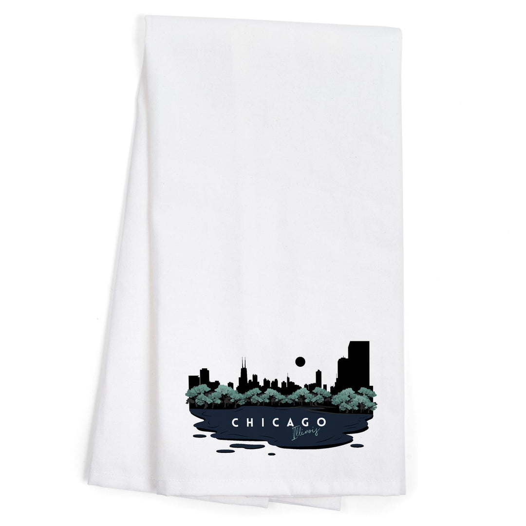 Chicago, Illinois, Vector City Skyline, Contour, Organic Cotton Kitchen Tea Towels Kitchen Lantern Press 