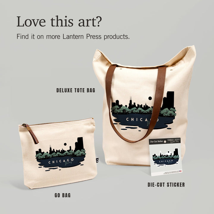 Chicago, Illinois, Vector City Skyline,, Organic Cotton Zipper Pouch, Go Bag Go Bag Lantern Press 