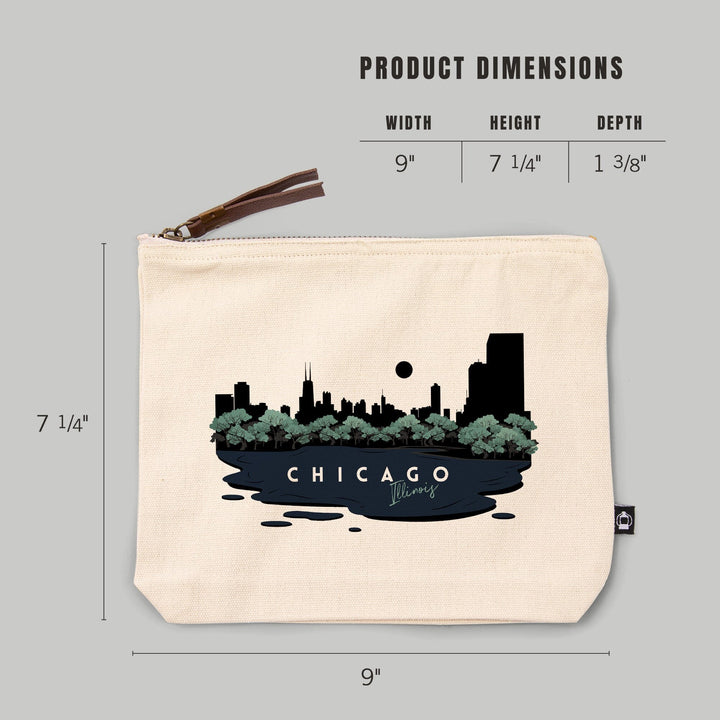 Chicago, Illinois, Vector City Skyline,, Organic Cotton Zipper Pouch, Go Bag Go Bag Lantern Press 