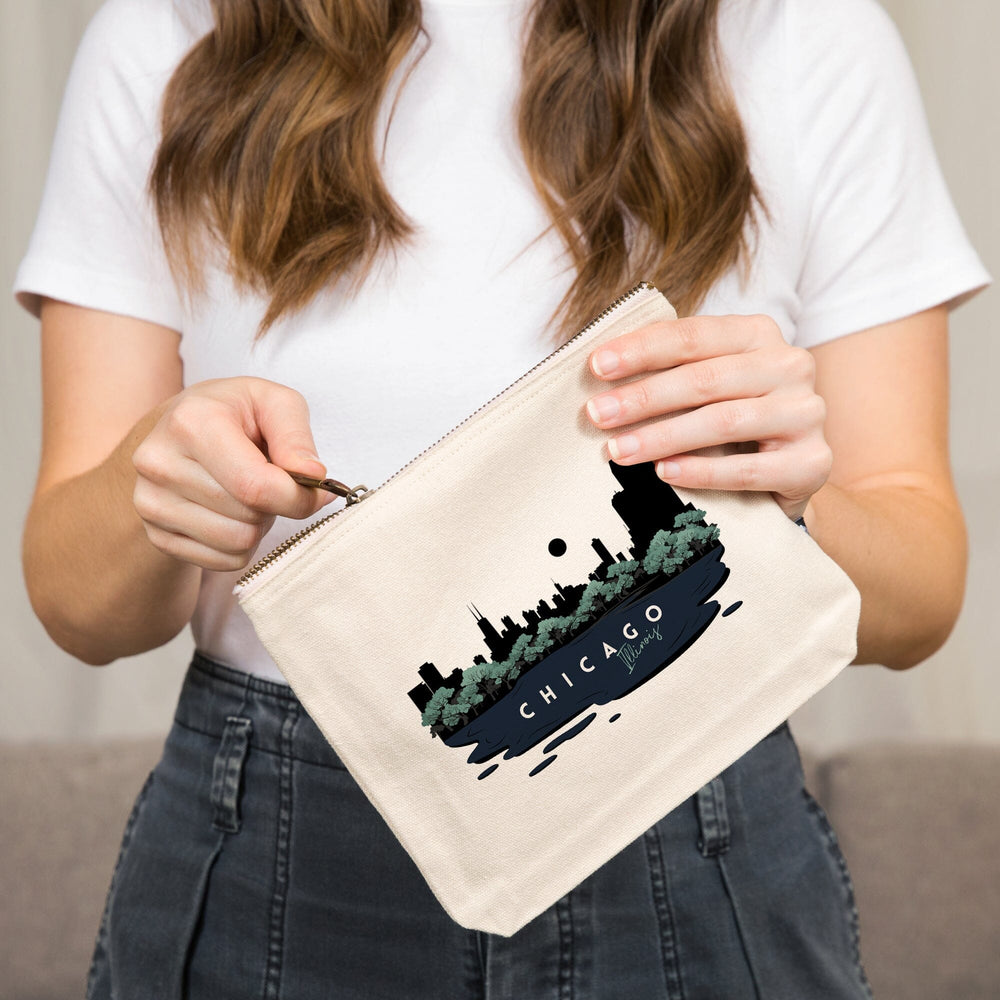 Chicago, Illinois, Vector City Skyline,, Organic Cotton Zipper Pouch, Go Bag Go Bag Lantern Press 