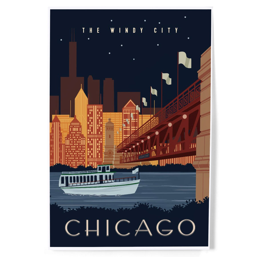 Chicago, Illinois, Vector, Ferry and Skyline Across Water, Art & Giclee Prints Art Lantern Press 