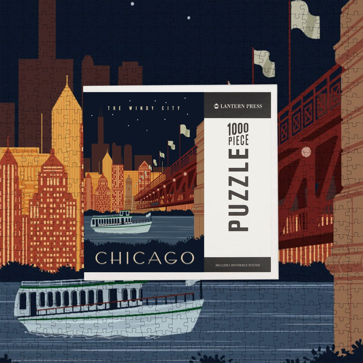 Chicago, Illinois, Vector, Ferry and Skyline Across Water, Jigsaw Puzzle Puzzle Lantern Press 