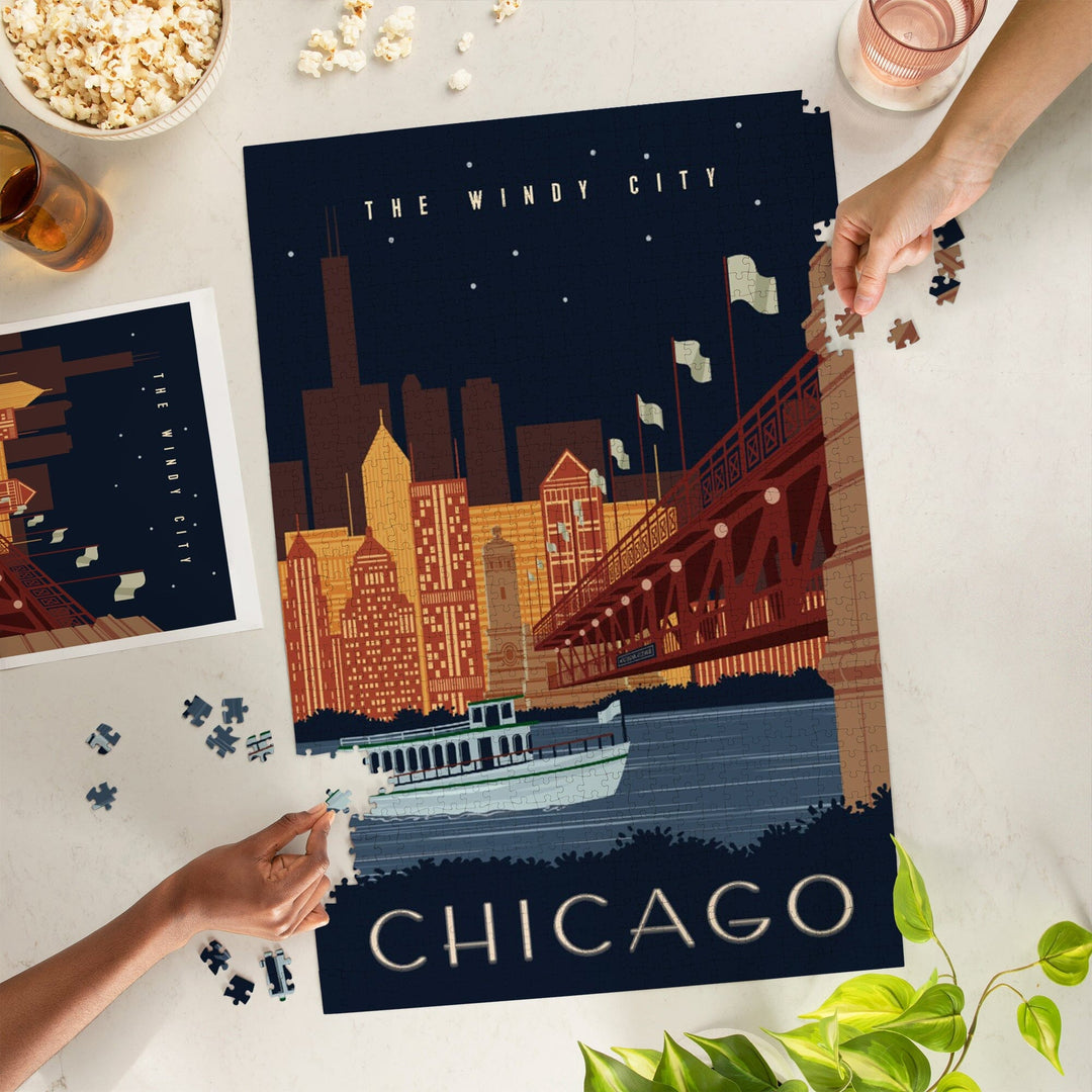 Chicago, Illinois, Vector, Ferry and Skyline Across Water, Jigsaw Puzzle Puzzle Lantern Press 