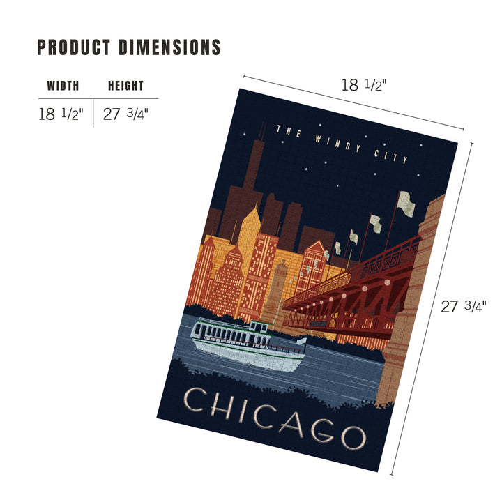 Chicago, Illinois, Vector, Ferry and Skyline Across Water, Jigsaw Puzzle Puzzle Lantern Press 