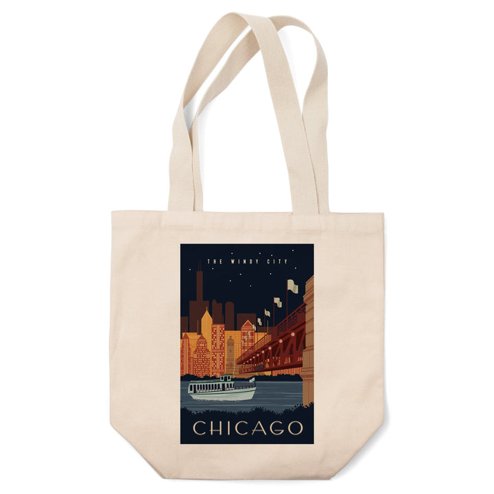 Chicago, Illinois, Vector, Ferry and Skyline Across Water, Tote Bag Totes Lantern Press 